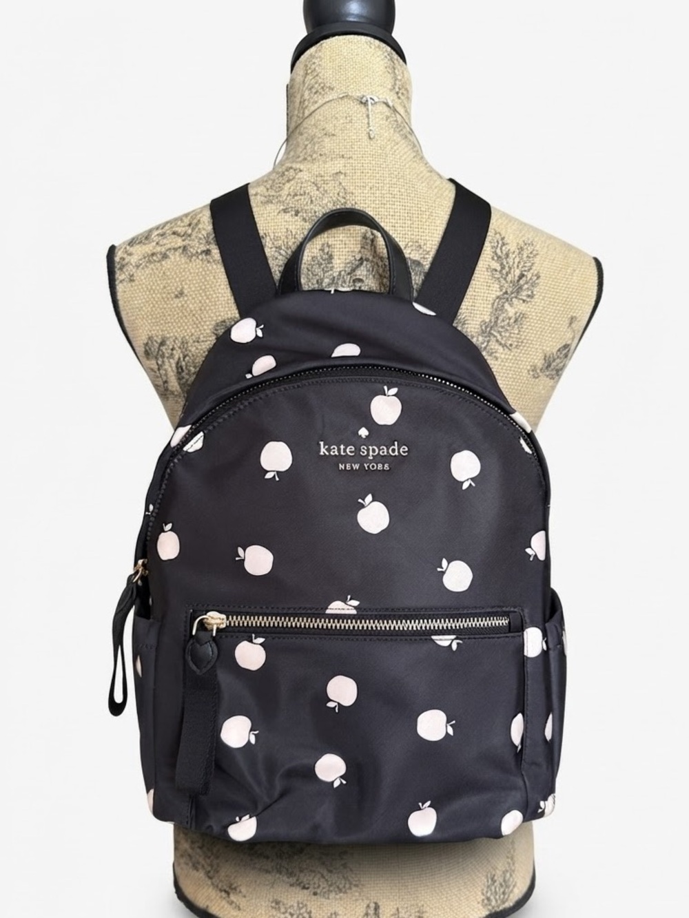 Kate Spade Chelsea Orchard Black Backpack with Apple Print